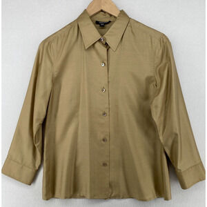 EMANUEL UNGARO Blouse 8/42 Silk Shirt Button Front Long Sleeve Brown Gold